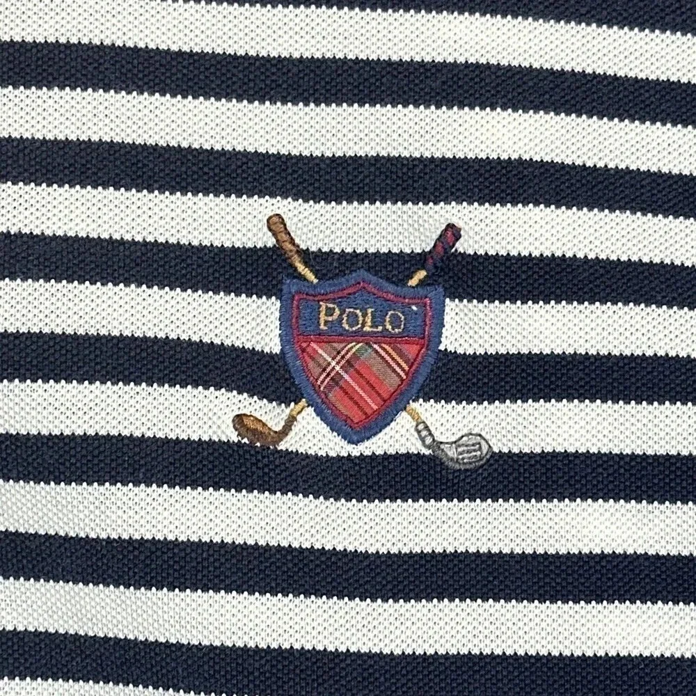 Ralph Lauren Polo Shirt Mens Large Navy Striped Shield Short Sleeve Fine Cotton
